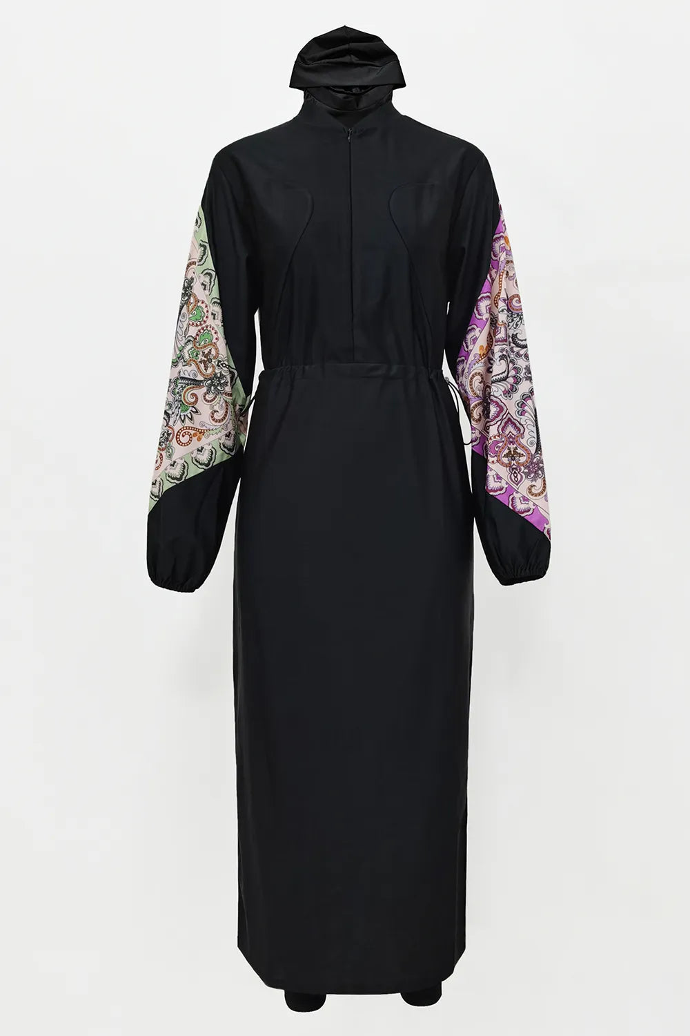 Cap, Drawstring Printed Long Sleeve Dress and Pants Swim Set - Black - View 12