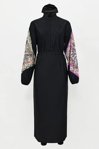 Cap, Drawstring Printed Long Sleeve Dress and Pants Swim Set - Black - View 12