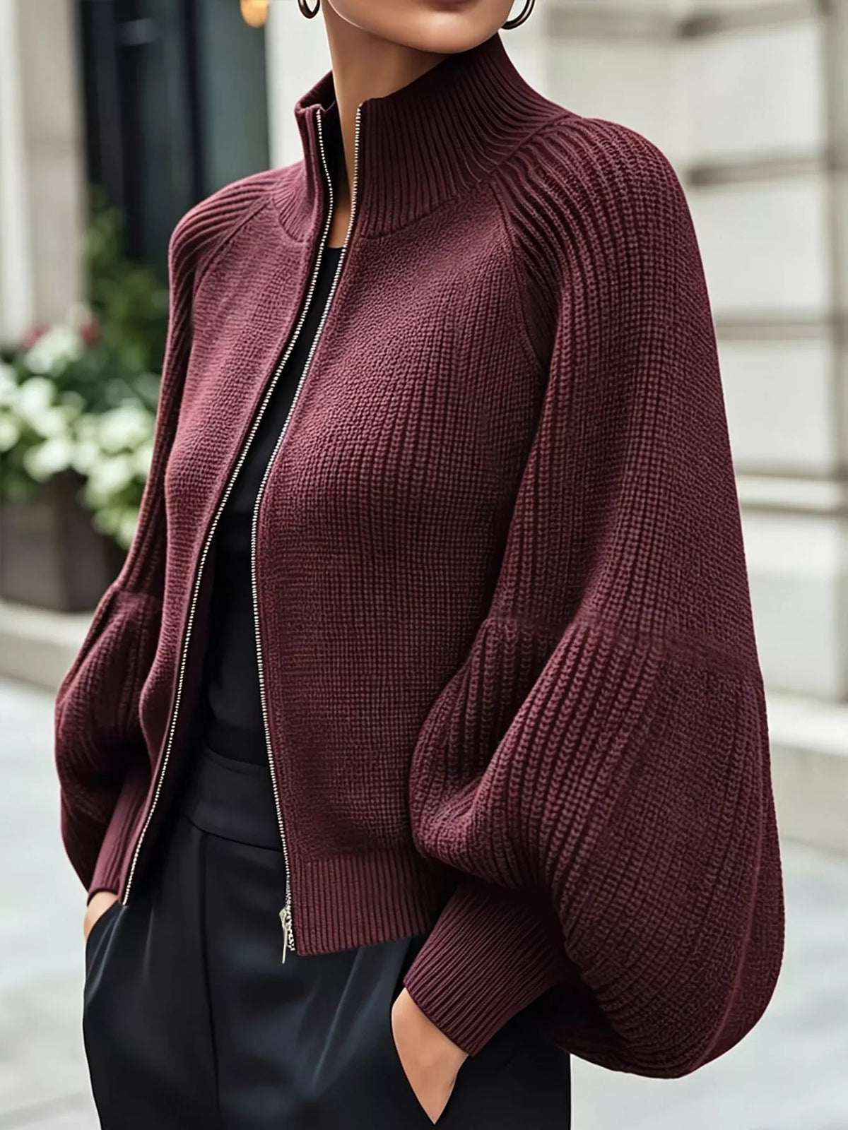 Ribbed Knit Zip-Up Cardigan with Lantern Sleeves - Dark Burgundy - View 1
