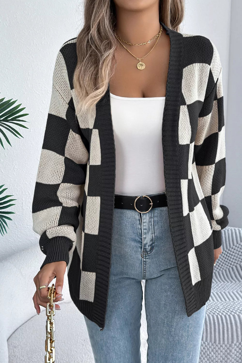 Checkerboard Pattern Open Front Knit Cardigan - Black - View 1