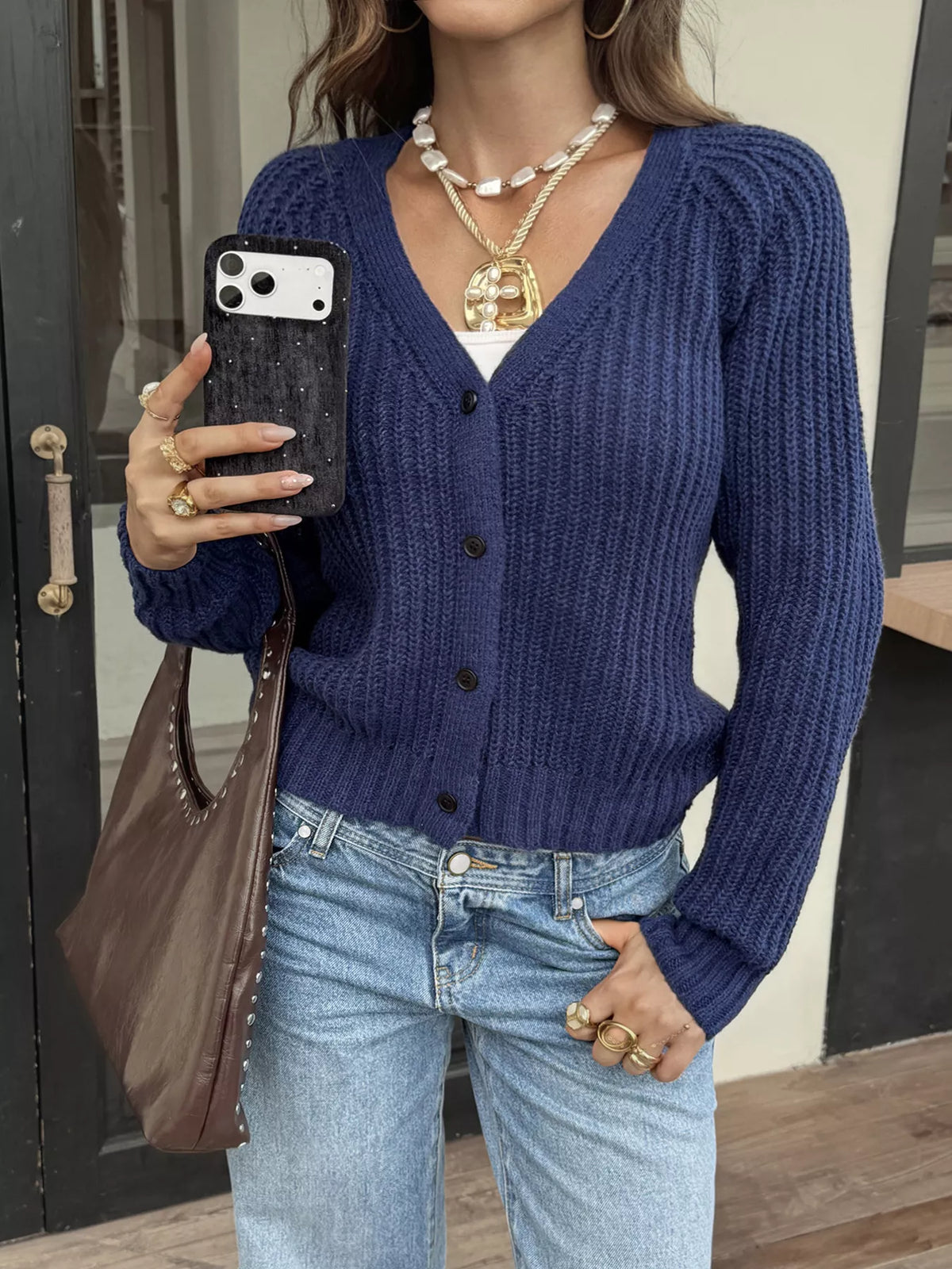 V-Neck Button-Down Cardigan - Dark Blue - View 3