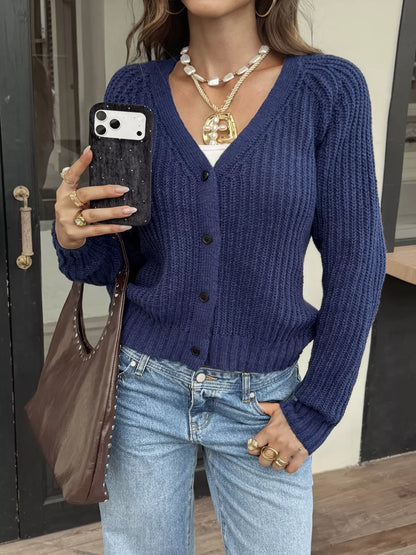 V-Neck Button-Down Cardigan - Dark Blue - View 3