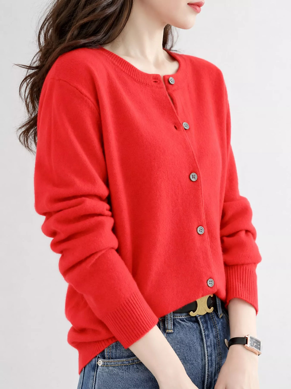 Crew-Neck Button-Down Cardigan - Bright Red - View 9
