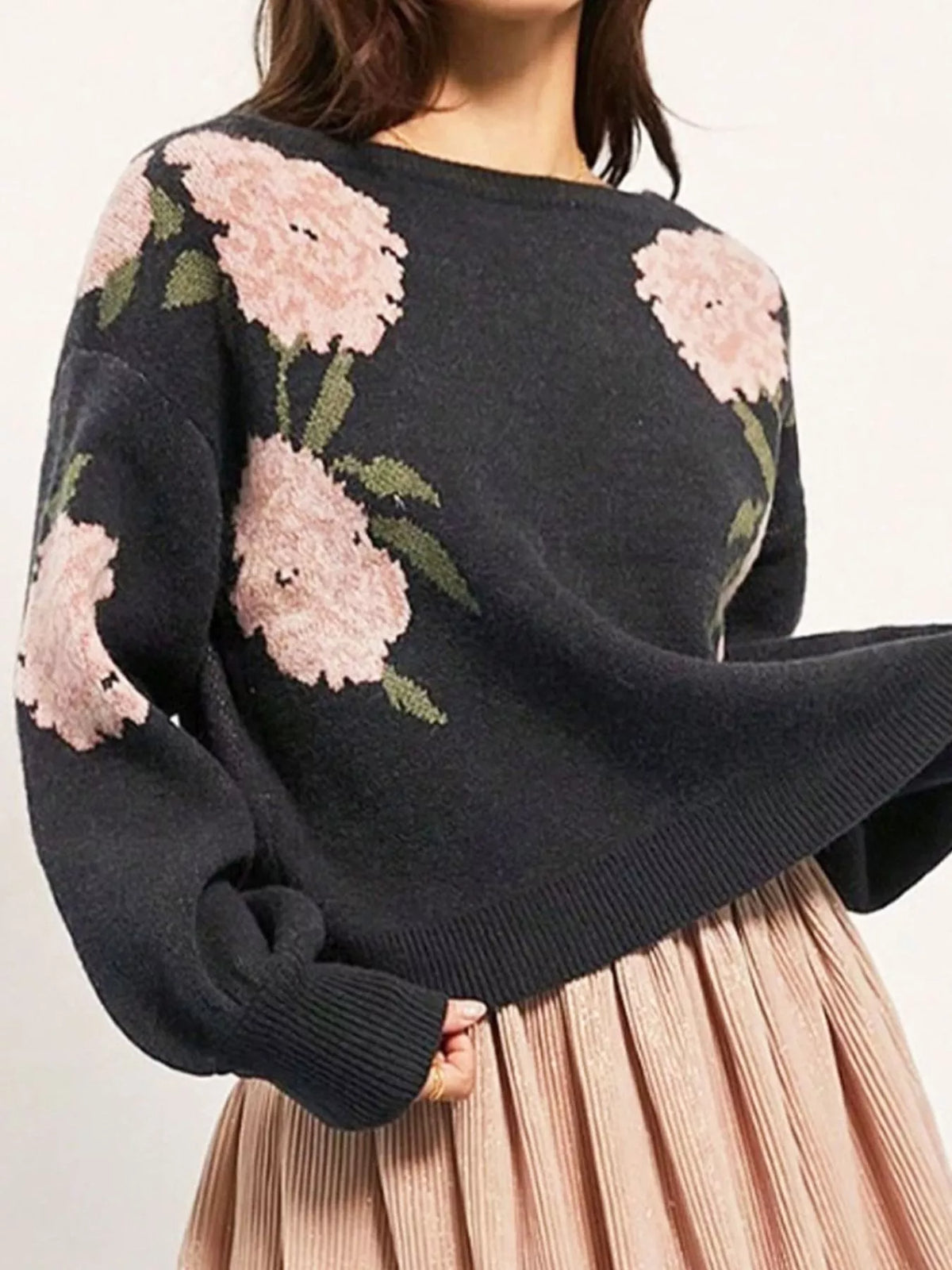 Floral Pattern Dropped Shoulder Sweater - Black - View 2