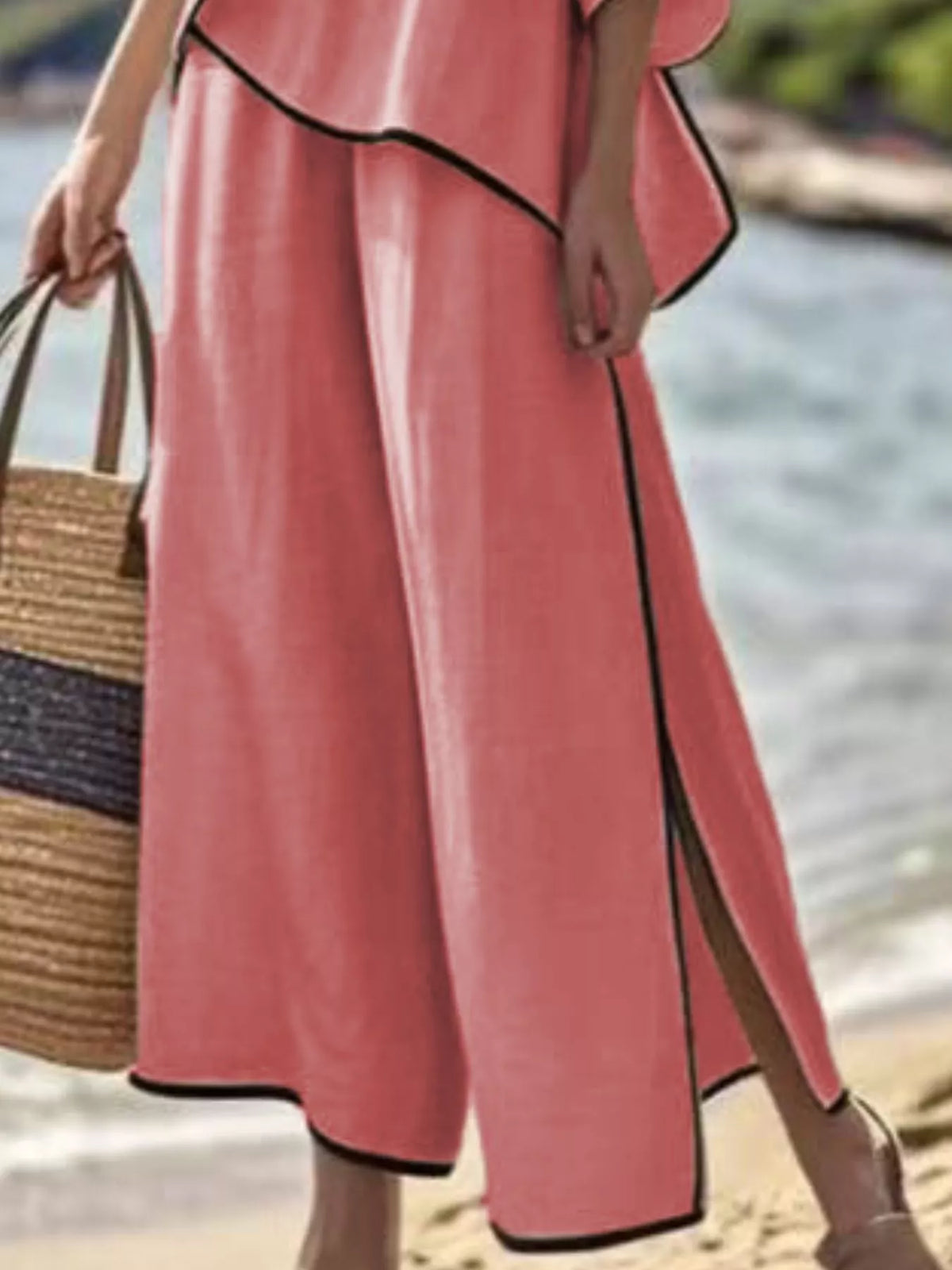 Full Size Contrast Trim Top and Wide Leg Pants Set Plus Size - Pink - View 3