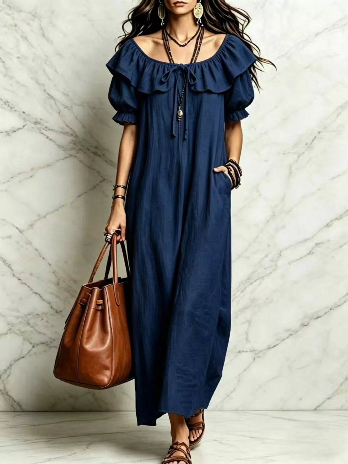 Ruffle Trim Puff Sleeve Maxi Dress - Dark Navy - View 1