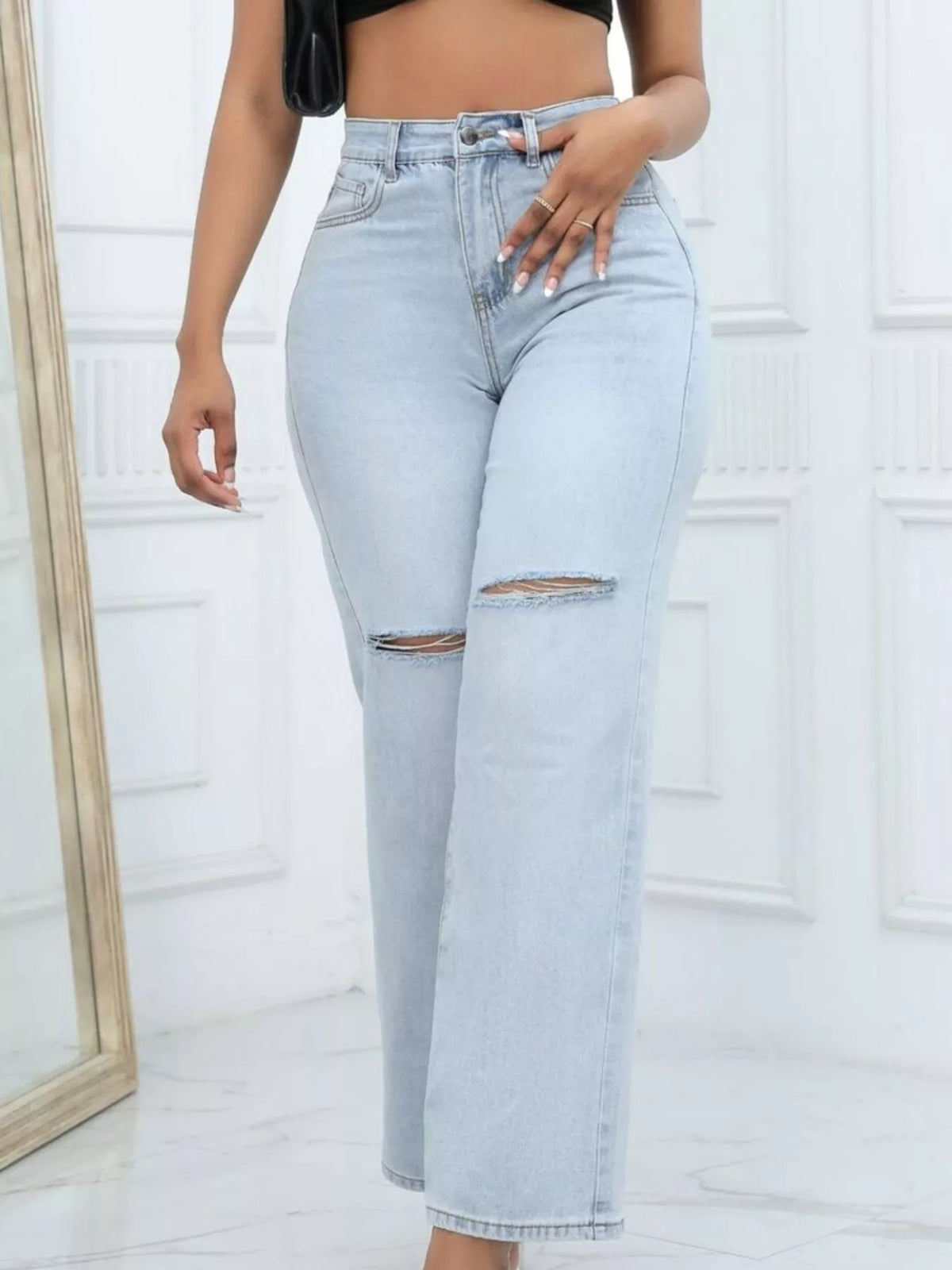 Distressed Wide-Leg Jeans - Light Blue - View 2