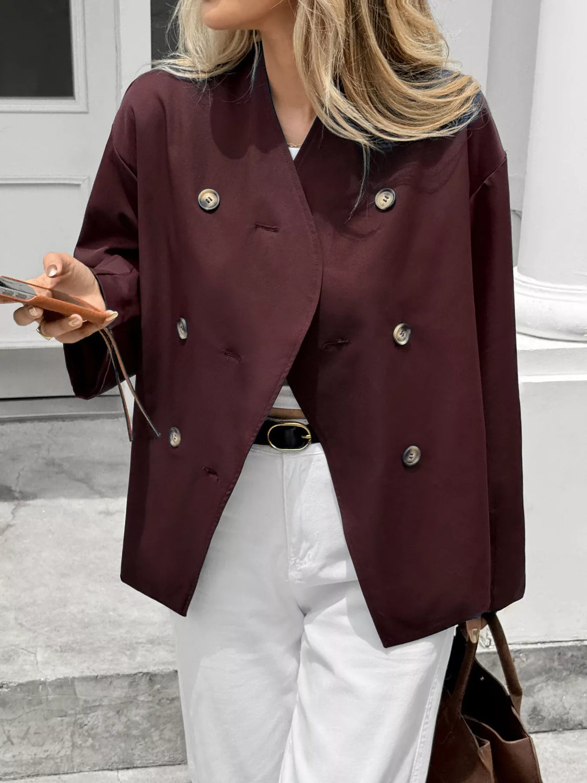 Double-Breasted Long Sleeve Jacket - Burgundy - View 9