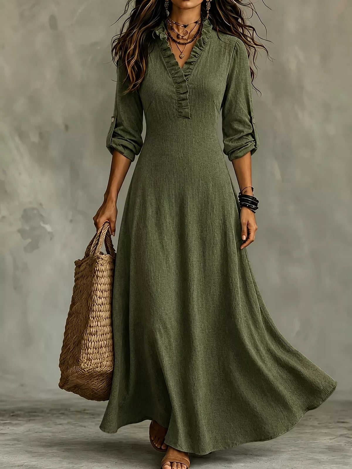 Full Size V-Neck Maxi Dress with Roll-Up Sleeves Plus Size - Green - View 1