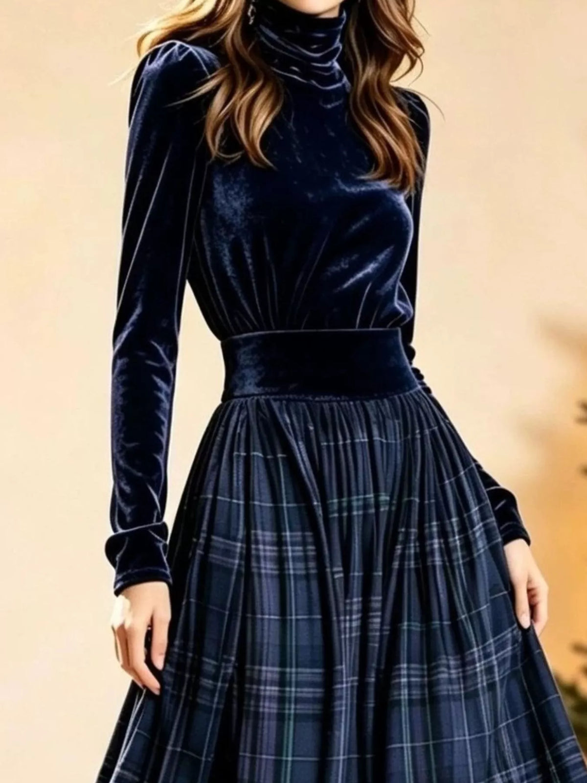 Velvet Turtleneck Top and Plaid Maxi Skirt Two-Piece Set - Navy - View 8
