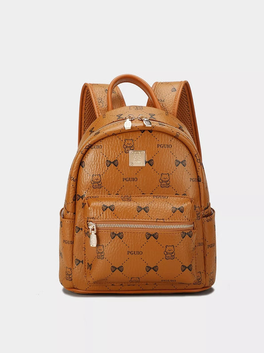 Bear Print PU Leather Backpack Bag - Caramel - View 1