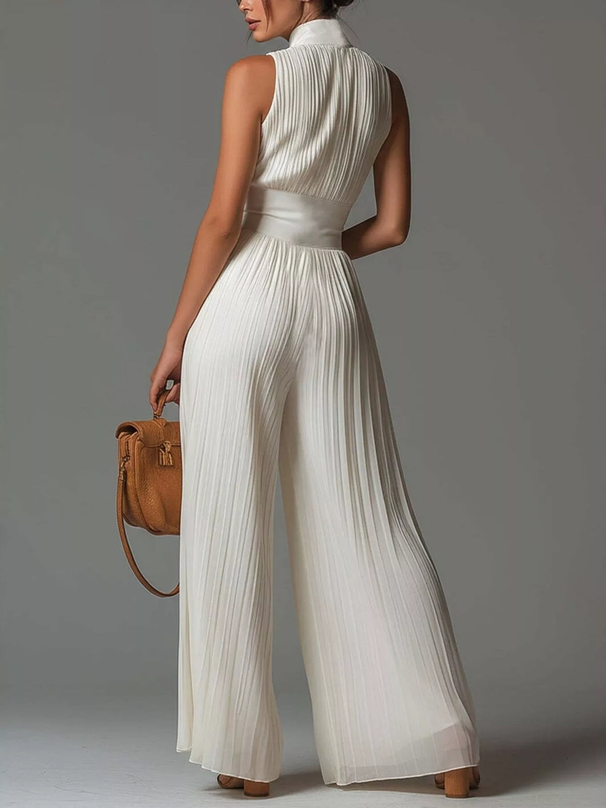 Sleeveless Pleated Jumpsuit with Front Zipper - All Colors - View 2