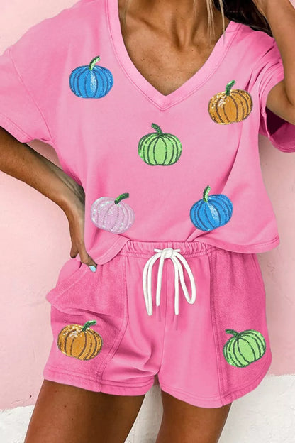 Sequin Halloween Pumpkin Pattern V Neck Tee and Drawstring Bottoms Casual Set - Fuchsia Pink - View 4