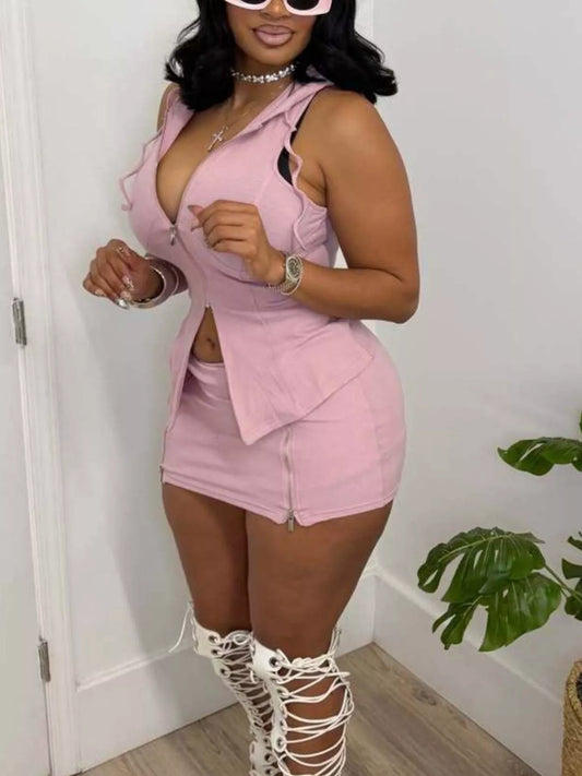 Hooded Zippered Sleeveless Top and Skirt Set - product photo 2