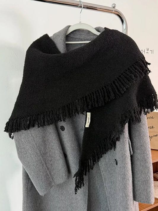 Fringe Trim Knit Scarf - Black - View 1