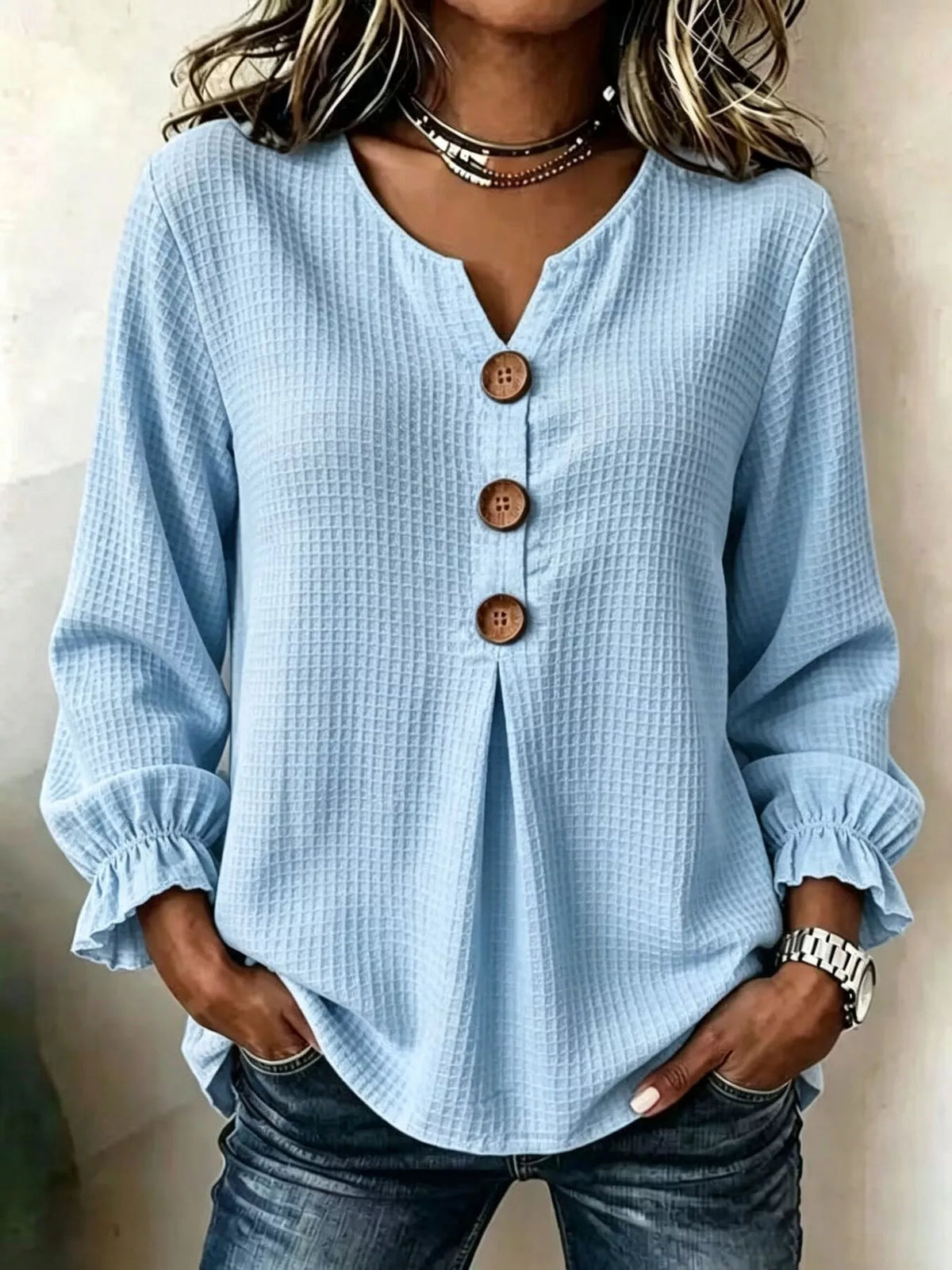 Waffle Knit Long Sleeve Top - Pastel  Blue - View 12