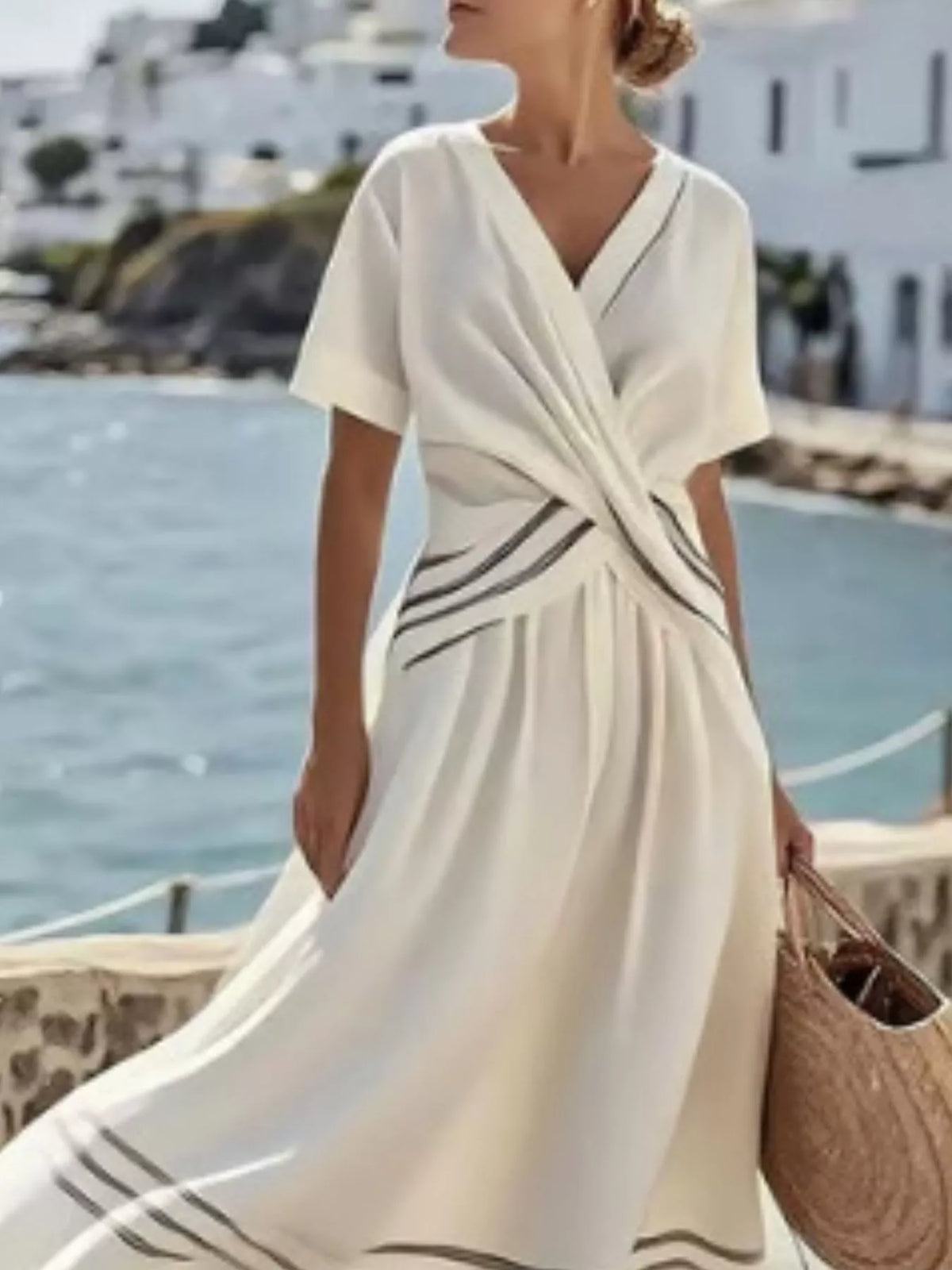 Full Size Striped Surplice Half Sleeve Midi Dress Plus Size - White - View 2