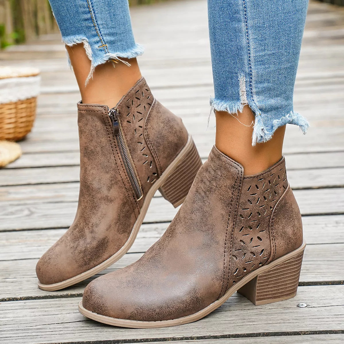 Round Toe Block Heels Boots - Brown - View 9