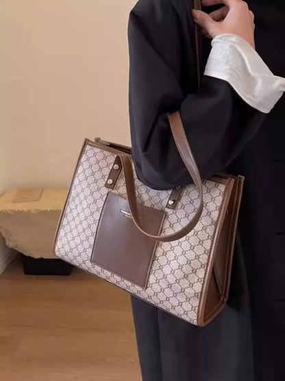 Patterned Tote Shoulder Bag - Khaki - View 1