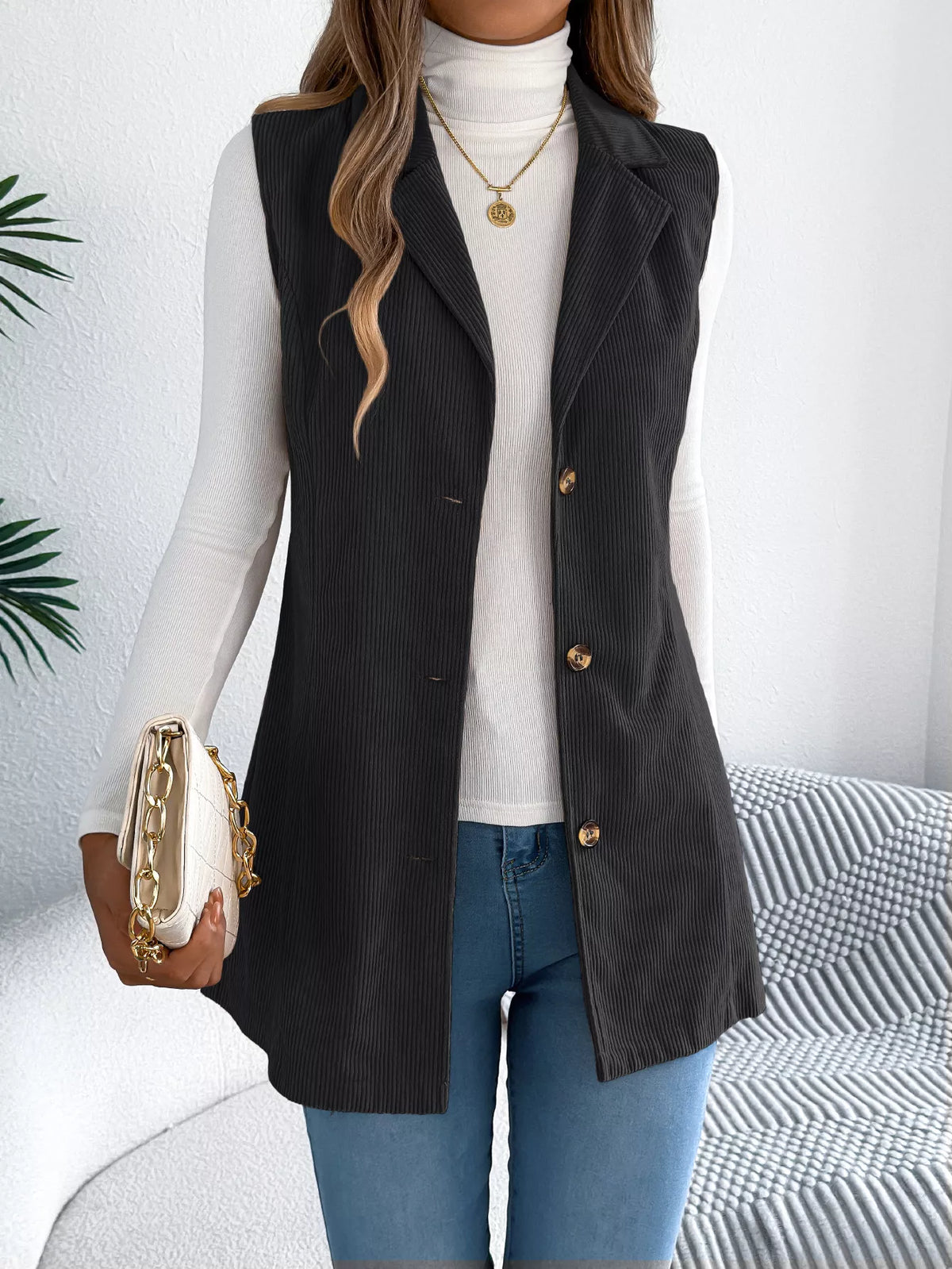Button-Front Longline Vest Coat - Black - View 16