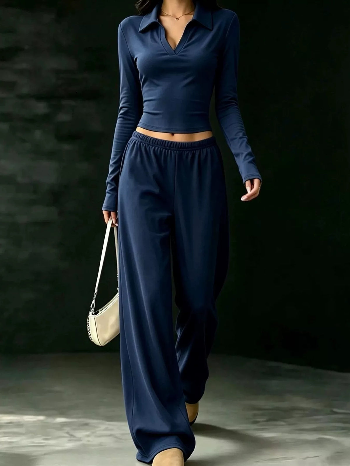 Solid Color Long Sleeve Polo Collar Top and Wide Leg Pants Set - Dark Blue - View 1