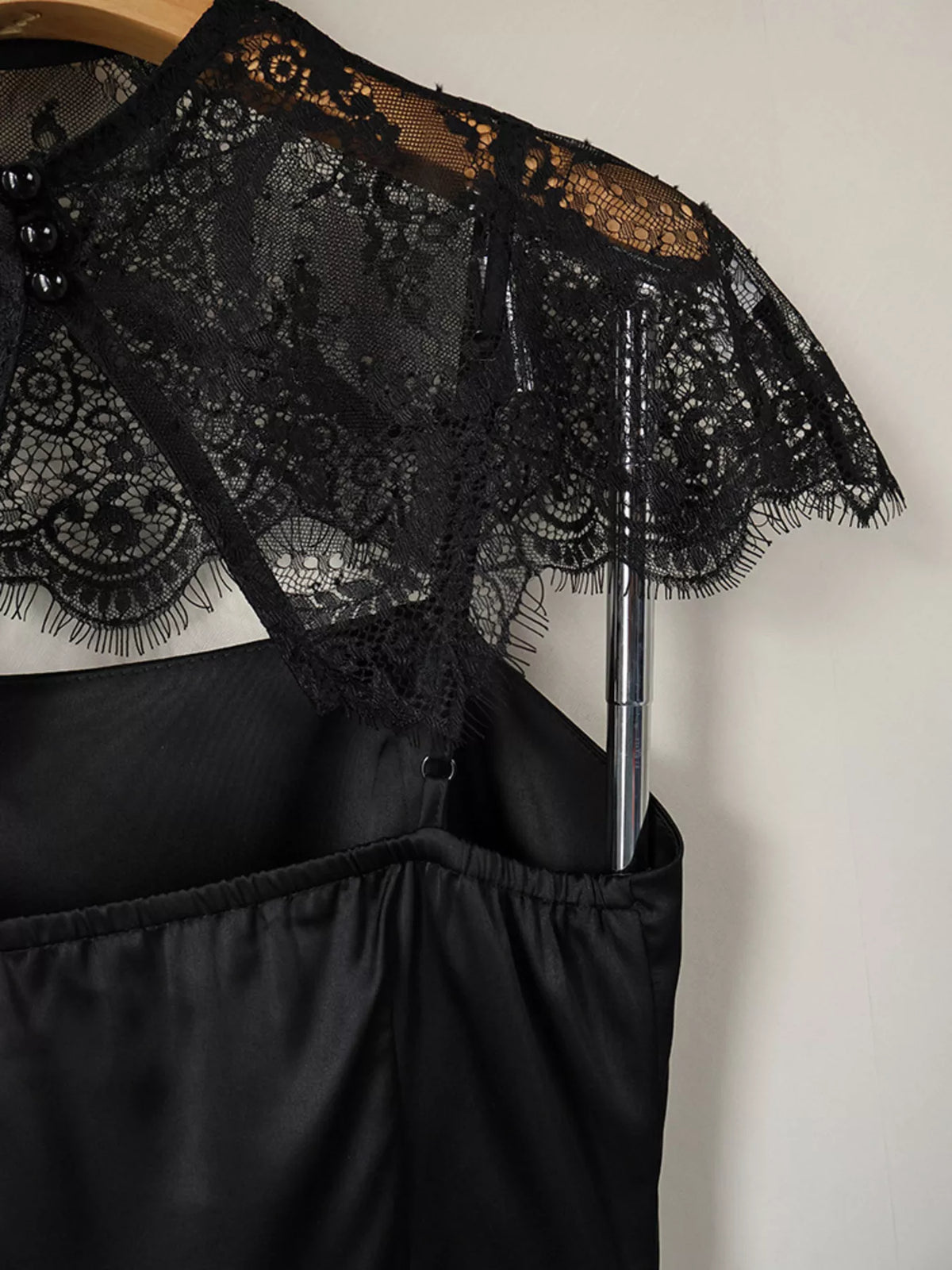 Satin Mini Dress with Lace Detachable Cape - Black - View 12