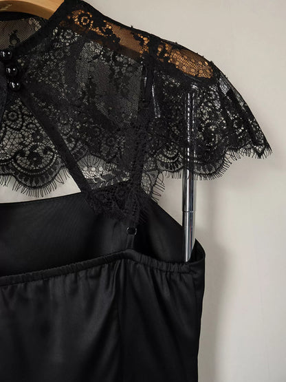 Satin Mini Dress with Lace Detachable Cape - Black - View 12