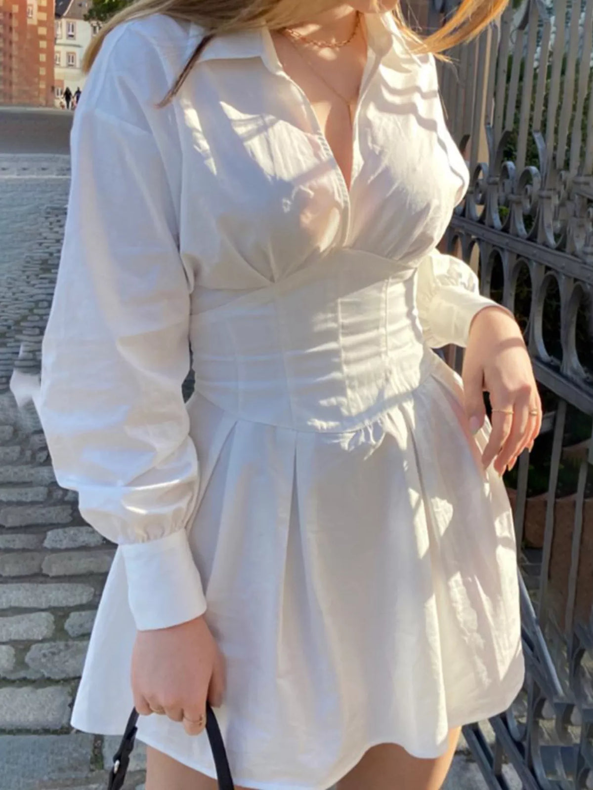 Collared Neck Lantern Sleeve Mini Dress - White - View 1