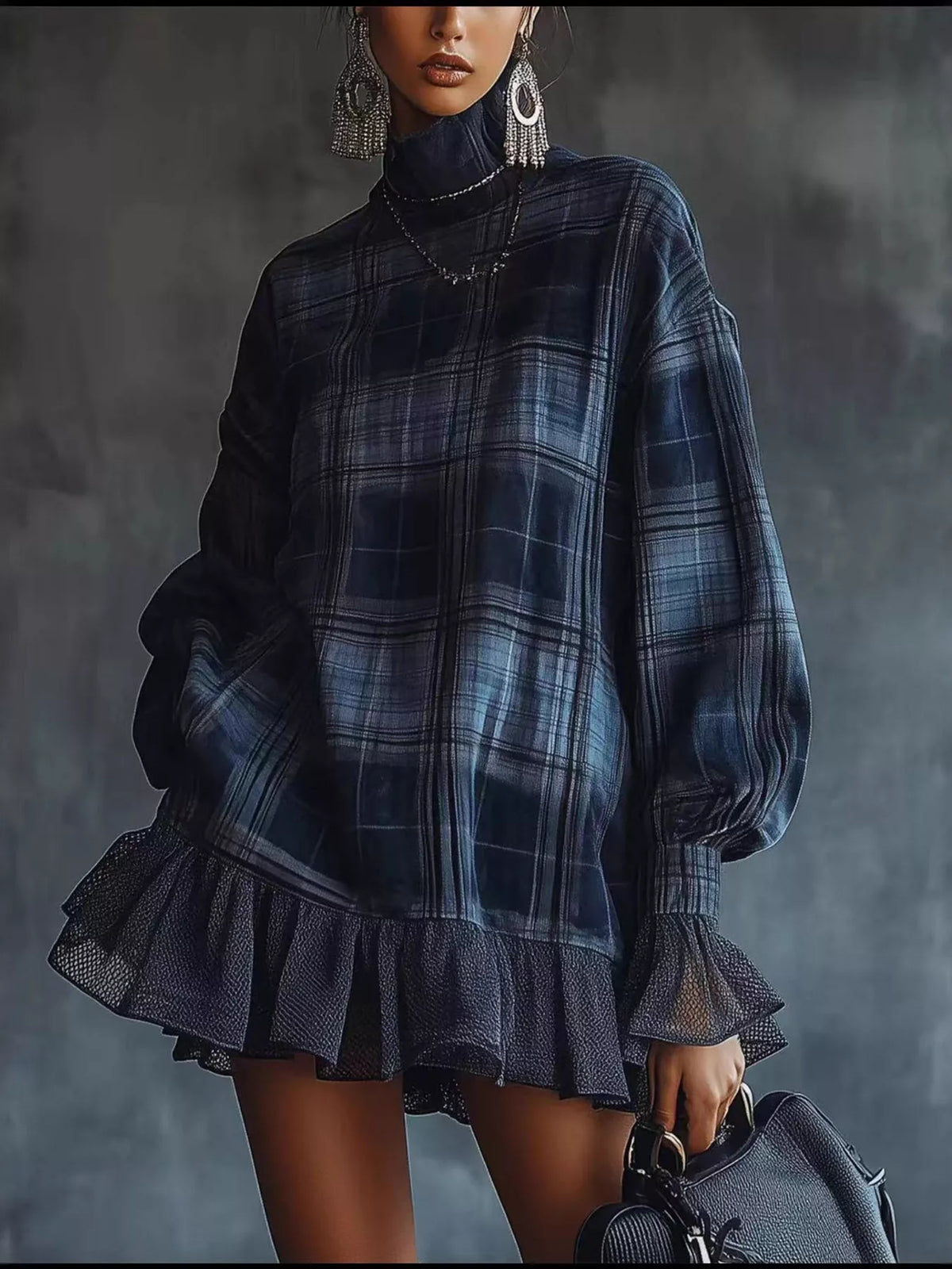Full Size Plaid High-Neck Ruffled Hem Mini Dress Plus Size - Navy - View 1