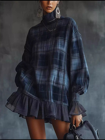 Full Size Plaid High-Neck Ruffled Hem Mini Dress Plus Size - Navy - View 1