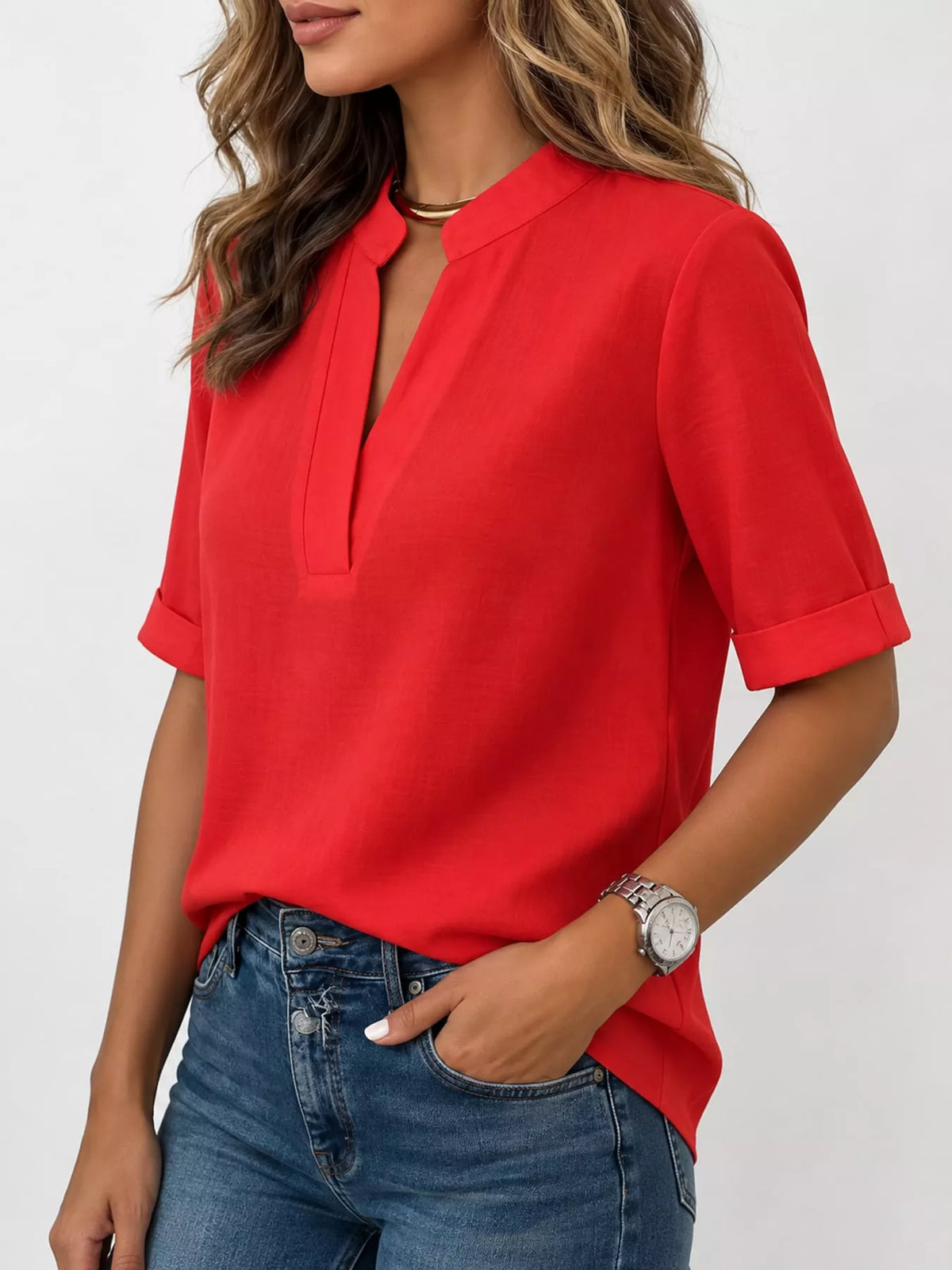 Full Size Notched Short Sleeve Blouse Plus Size - Red - View 33