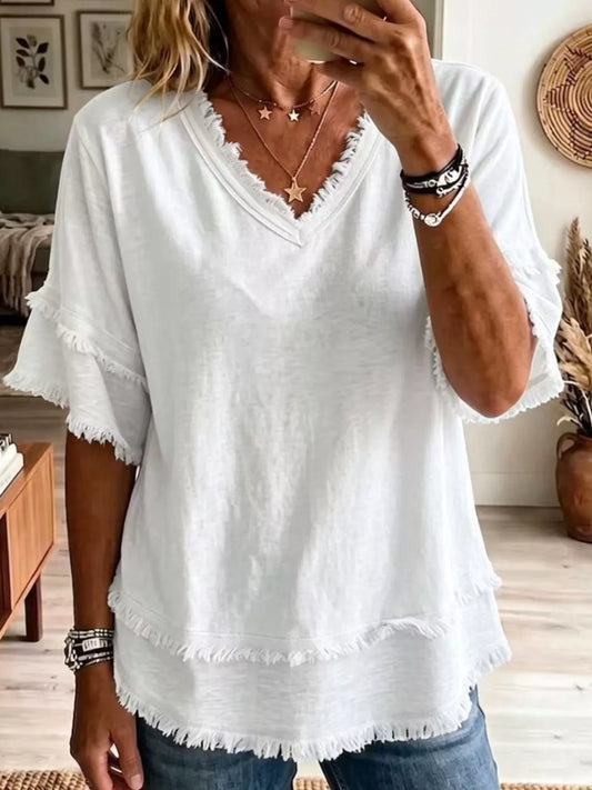Full Size Frayed Edge V-Neck Blouse Plus Size - White - View 1