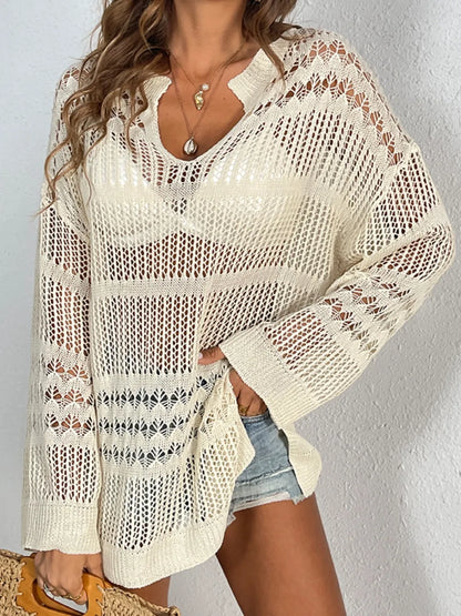 Cutout Notched Long Sleeve Cover-Up - Tan - View 1