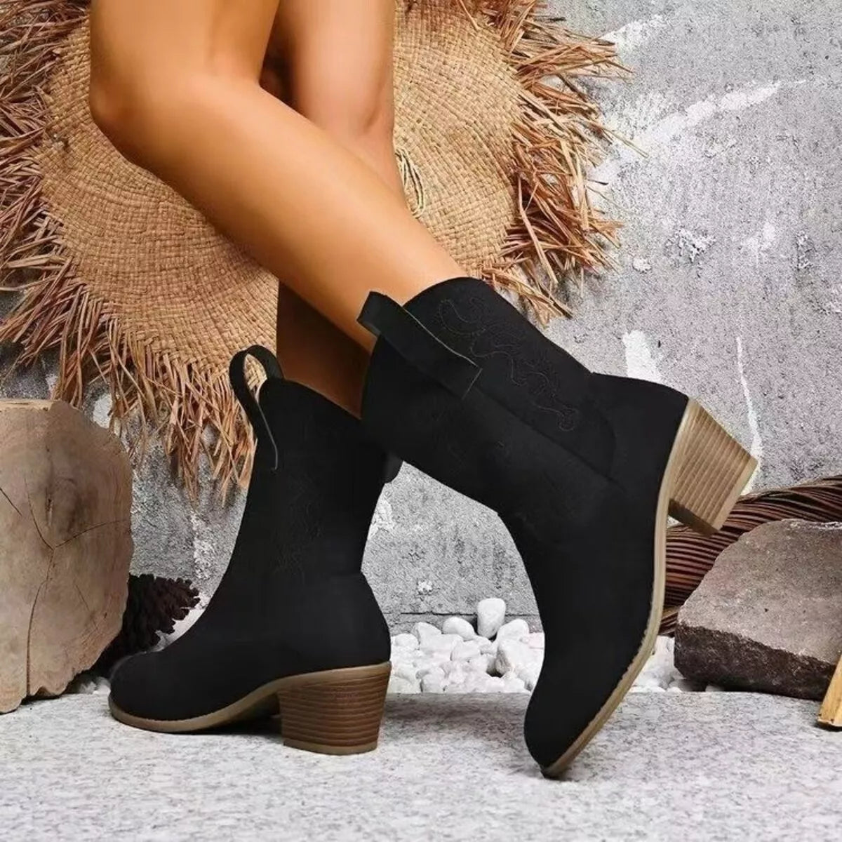 Round Toe Block Heels Boots - Black - View 2