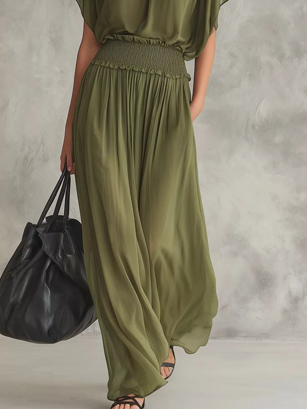 Chiffon Maxi Dress with Smocked Waist - Army Green - View 3