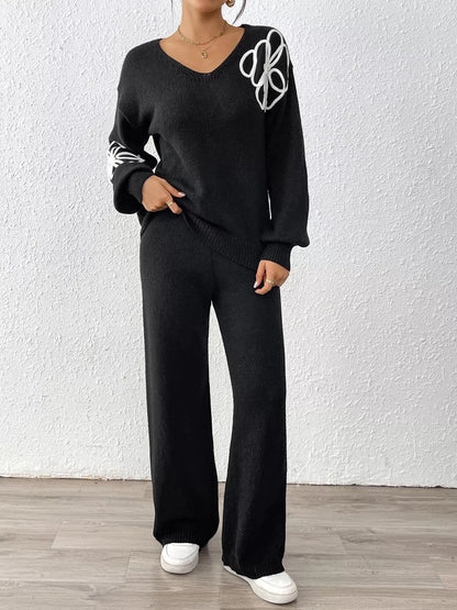 V-Neck Dropped Shoulder Top and Pants Sweater Set - Black - View 2