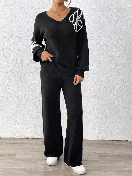 V-Neck Dropped Shoulder Top and Pants Sweater Set - Black - View 2
