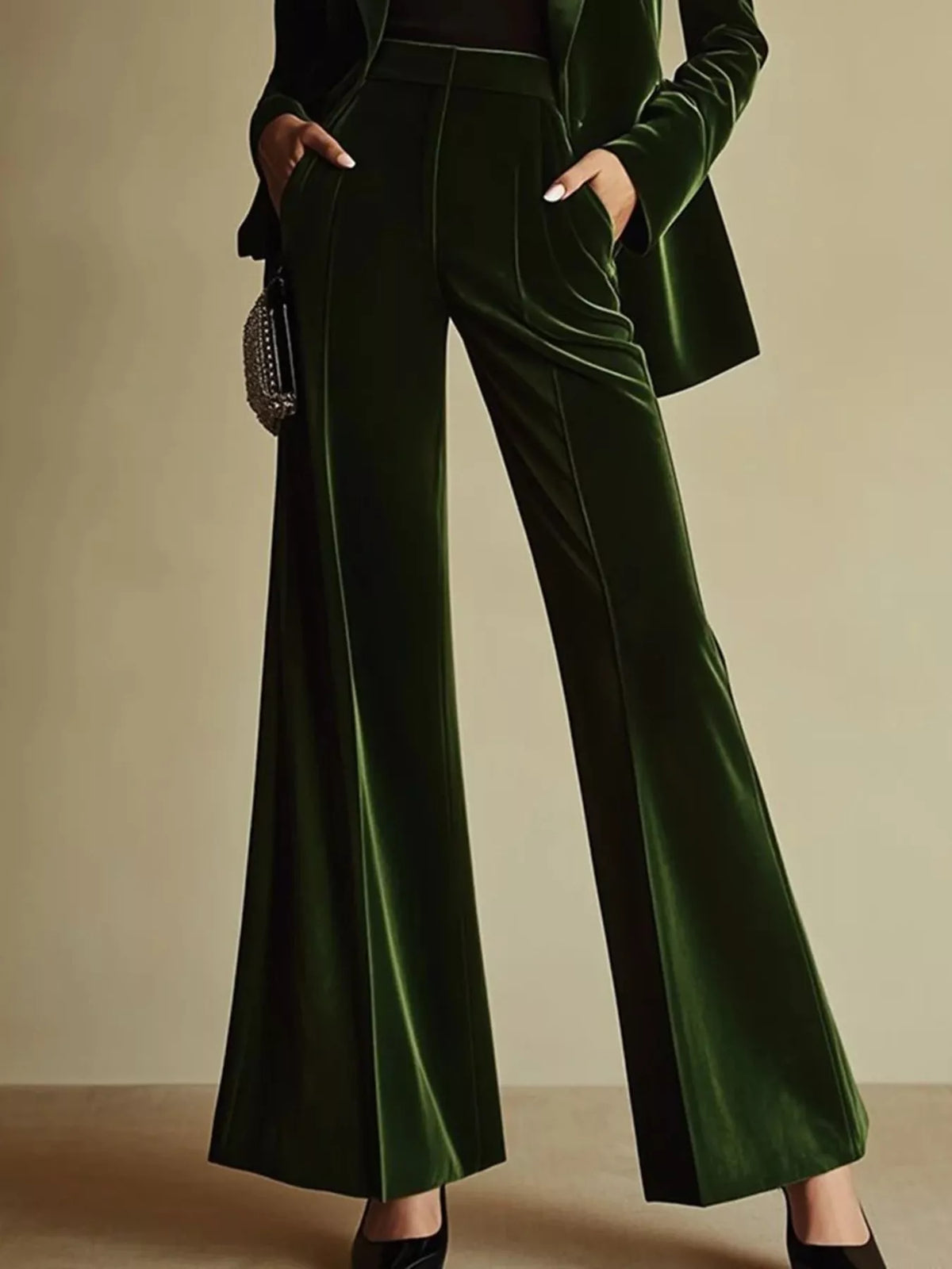 Velvet Blazer and Wide-Leg Pants Set - Green - View 2