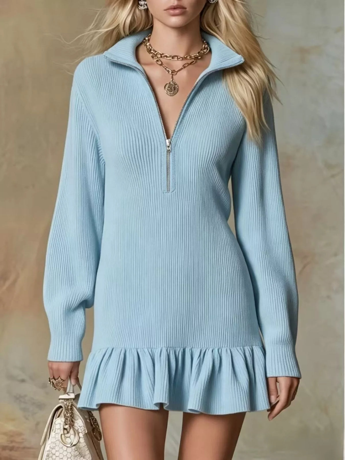 Ruffle Hem Half Zip Dress - Light Blue - View 1