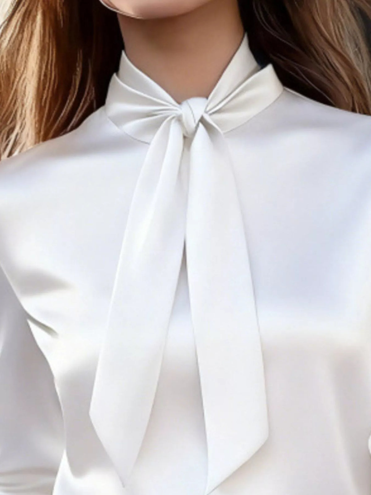 Satin Bow Tie Long Sleeve Blouse - White - View 6