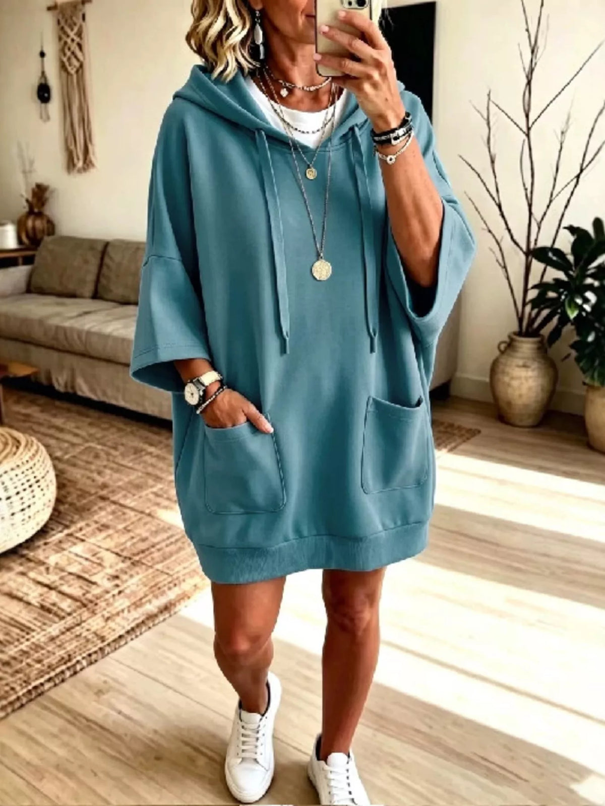 Full Size Drawstring Oversized Front Pockets Oversized Hoodie Plus Size - Turquoise - View 1