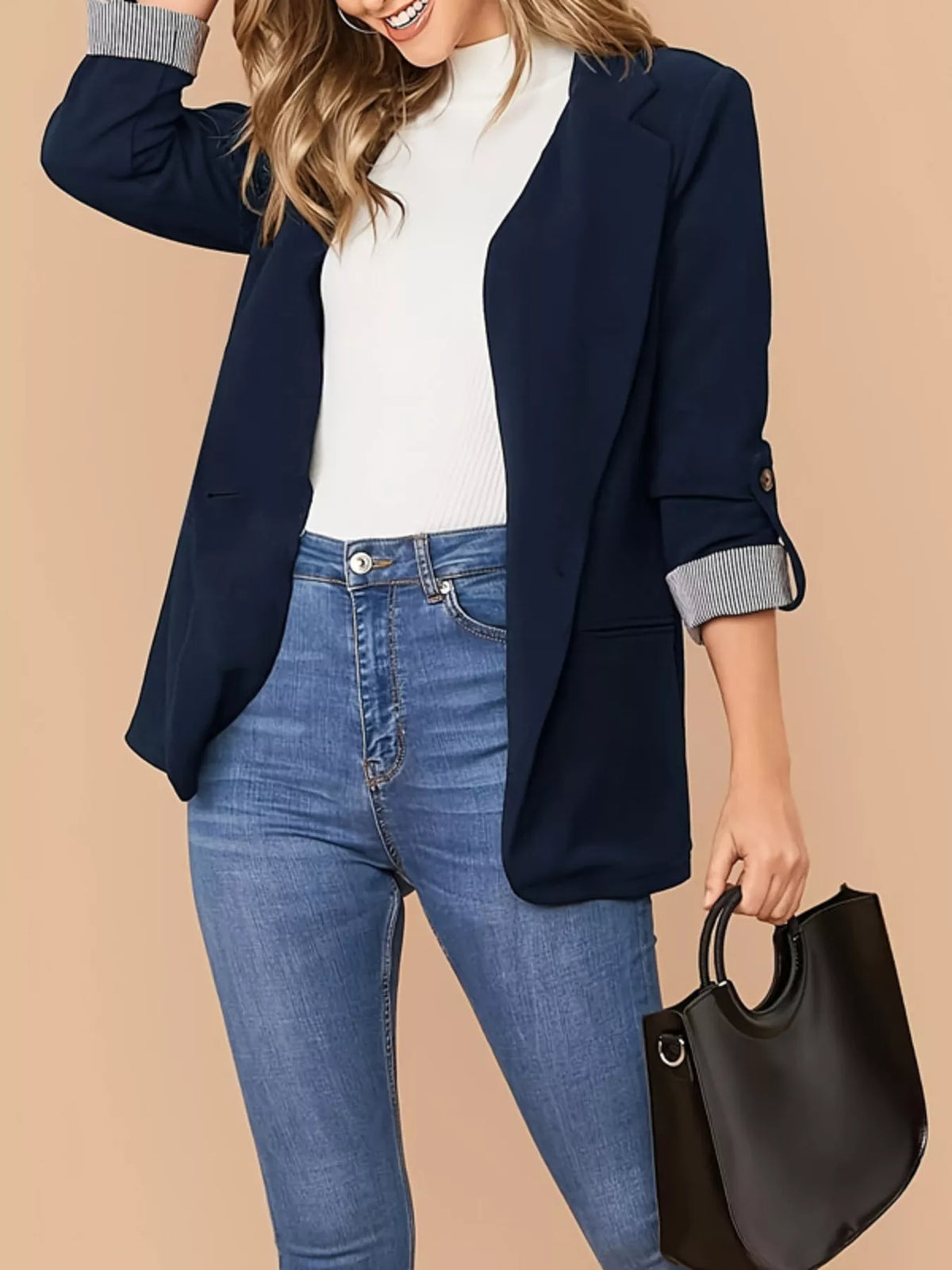One Button Roll-Up Sleeve Blazer - Navy Blue - View 3
