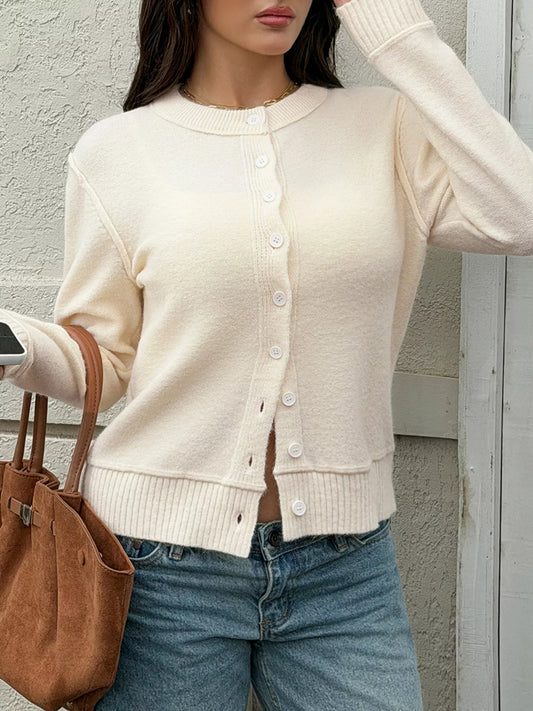 Button-Down Knit Cardigan - Beige - View 1
