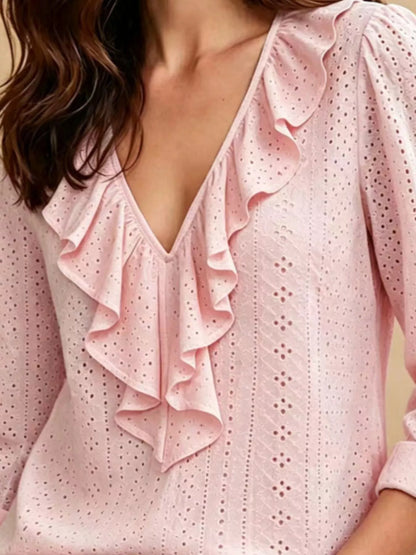 Eyelet Ruffle V-Neck Blouse - All Colors - View 1
