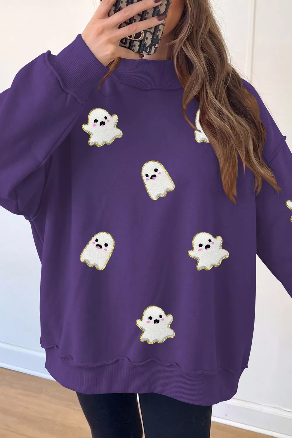 Halloween Ghost Mock Neck Tunic Sweatshirt - Mauve - View 1