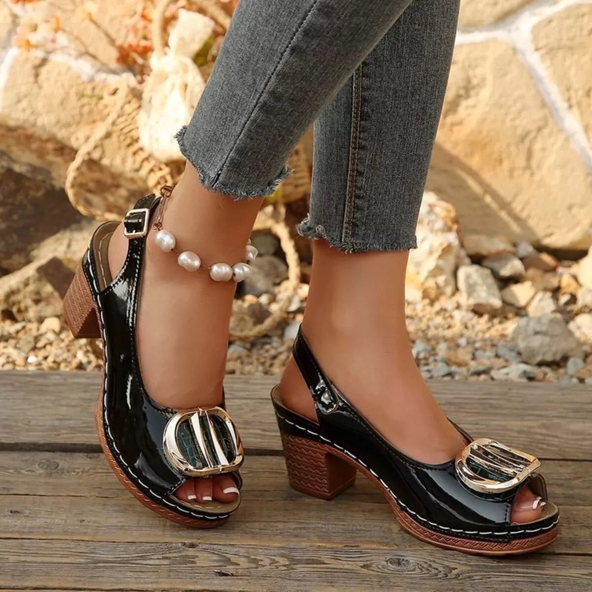 Peep Toe Block Heels Sandals - Black - View 5