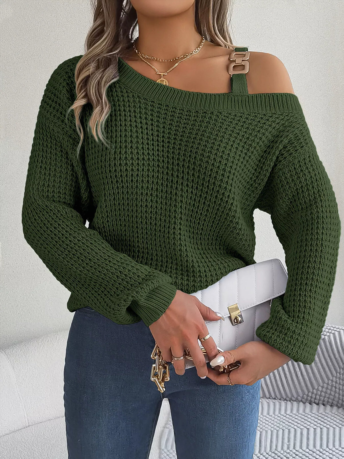 Asymmetrical Neck Long Sleeve Sweater - Black Forest - View 2