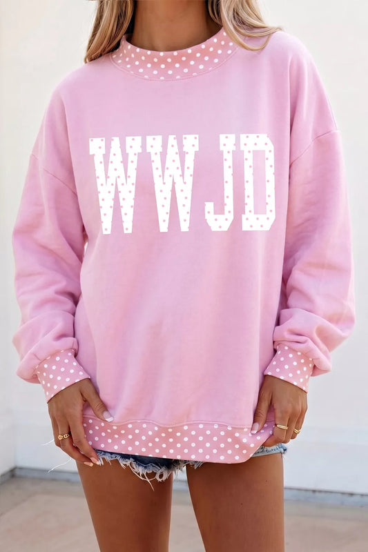 Polka Dot Letter Print Mock Neck Pullover Sweatshirt - Pink - View 1