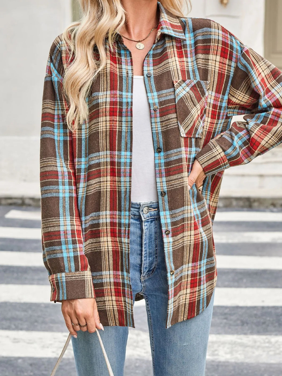 Plaid Button Up Long Sleeve Shirt - Caramel - View 4