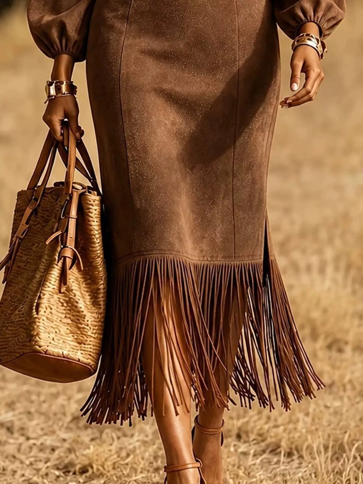 Fringe Hem Balloon Sleeve Midi Dress - Coffee Brown - View 2
